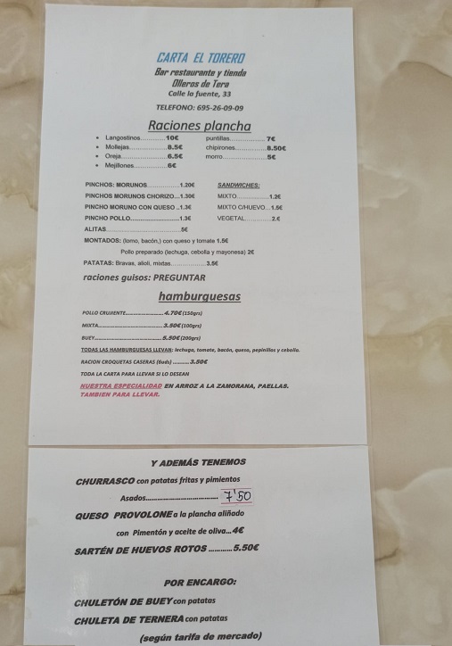 Menú El Torero